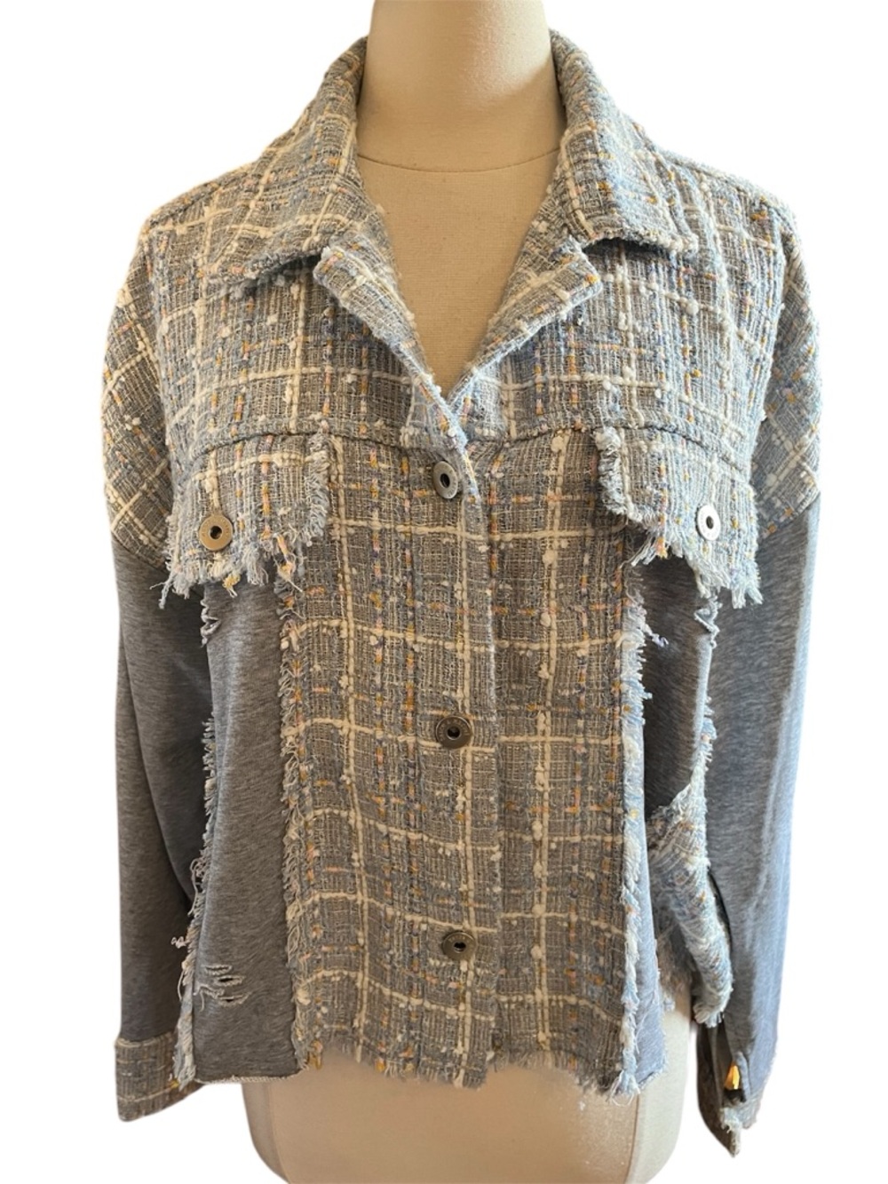 Dance & Marvel Gray & Blue Tweed Shacket,Front Buttons & Mix Materials Medium